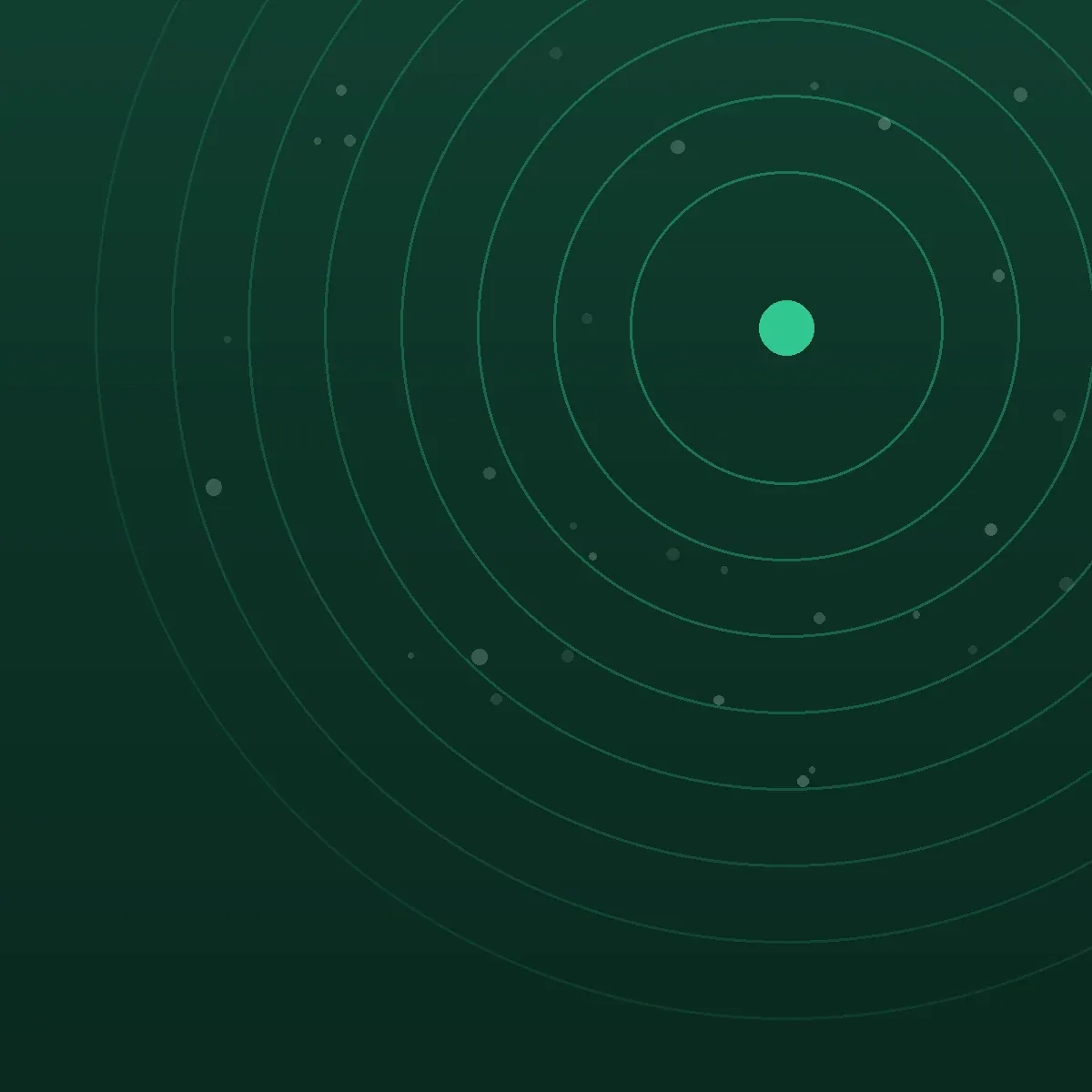 Concentric rings narrowing to a single point, with scattered dots falling outside them