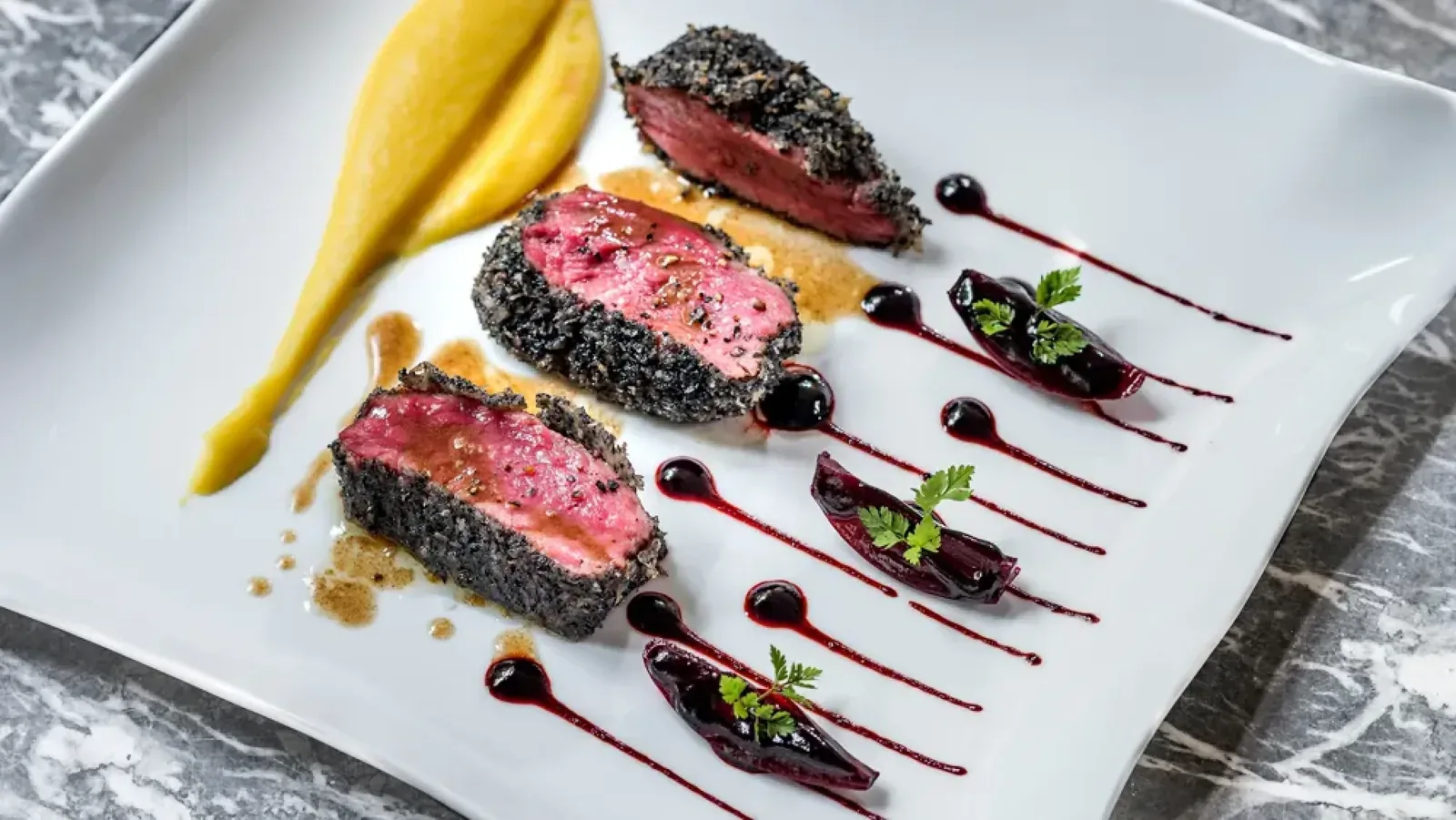 A plated dish, used to compare presentation in food with presentation in a user interface