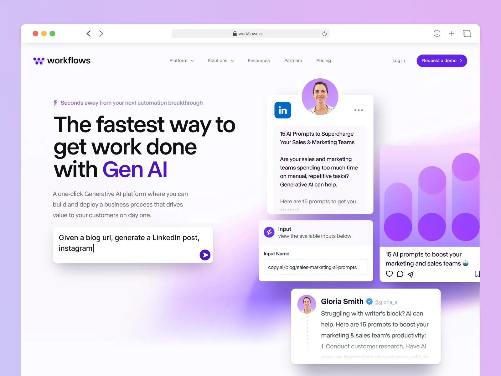 Copy.ai Workflows homepage, with the animated introduction to the platform