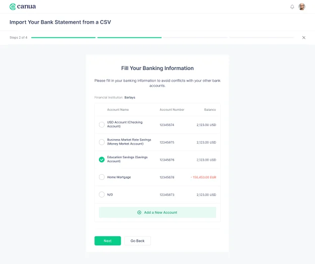 Adding bank accounts to a profile