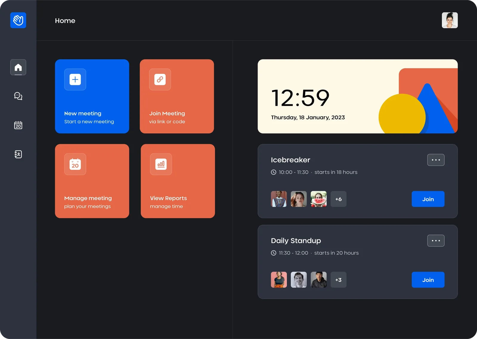 Dashboard of an online meeting tool for remote teams