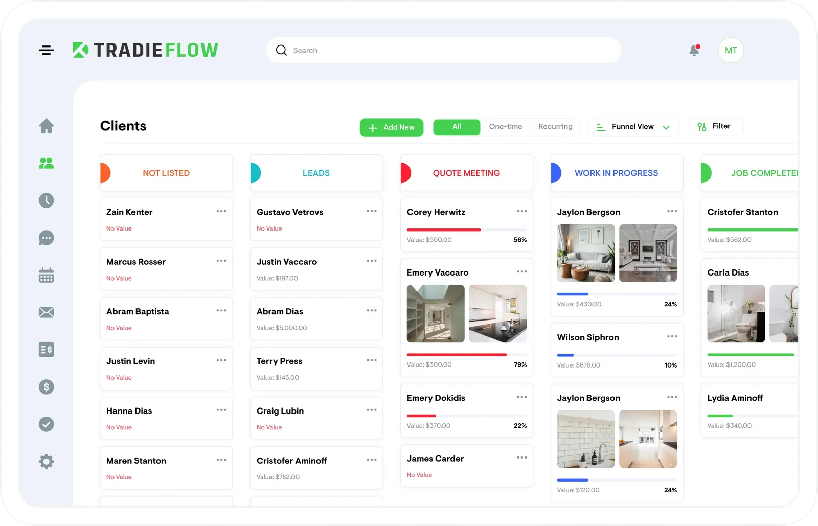 Client funnel view with drag and drop