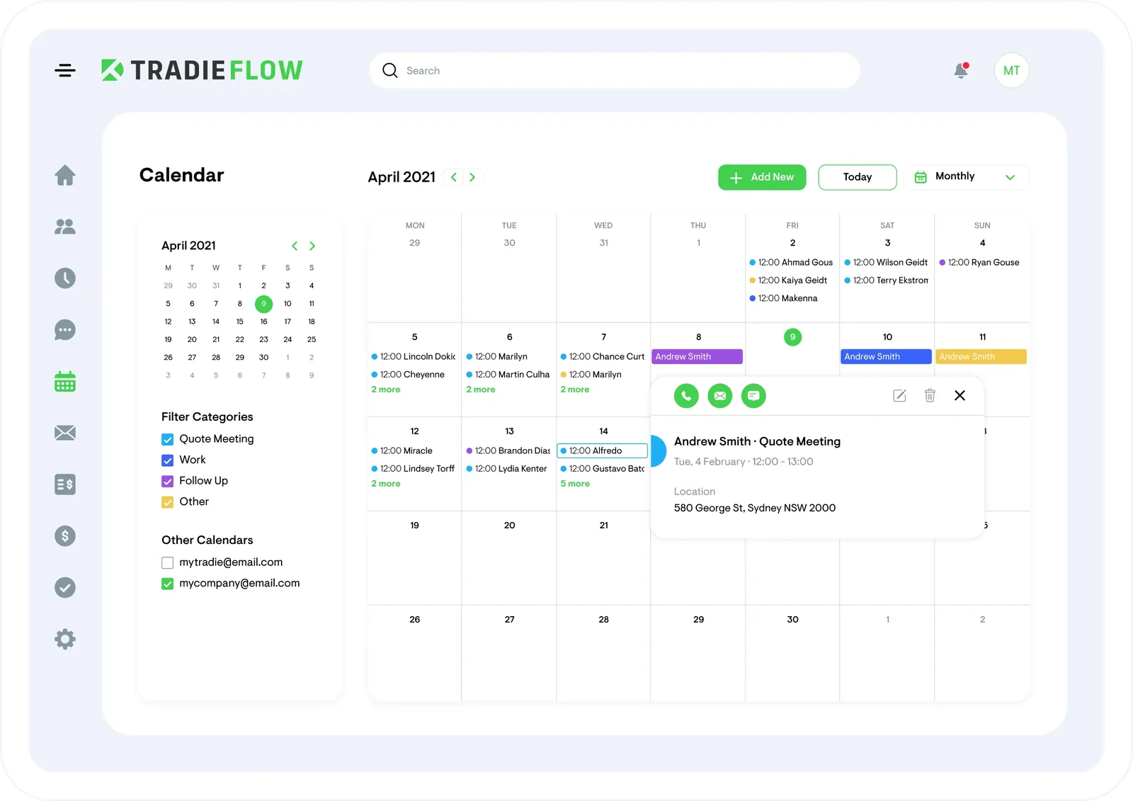 Calendar views colour-coded by sales stage