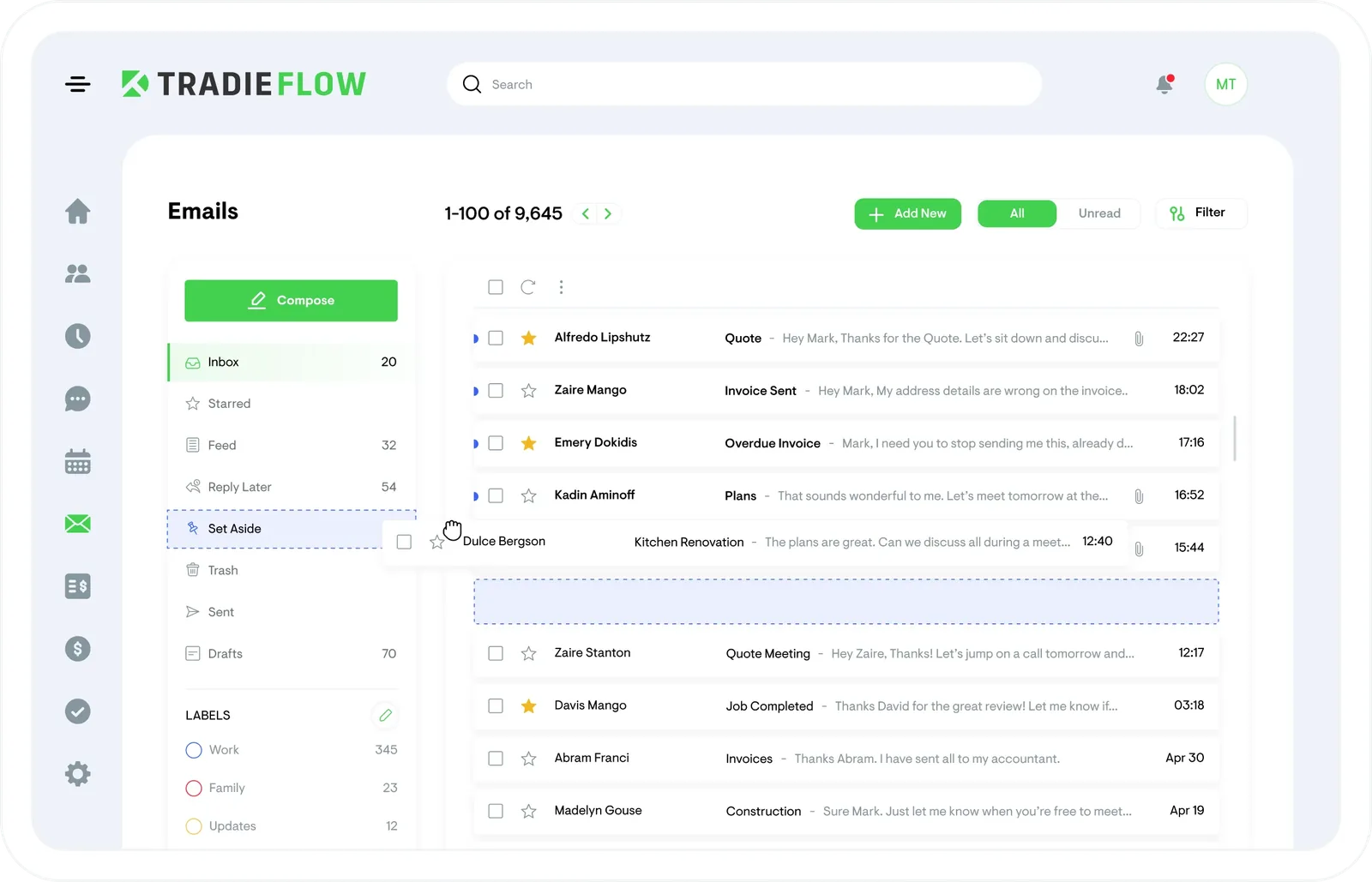 Email feature for tradespeople