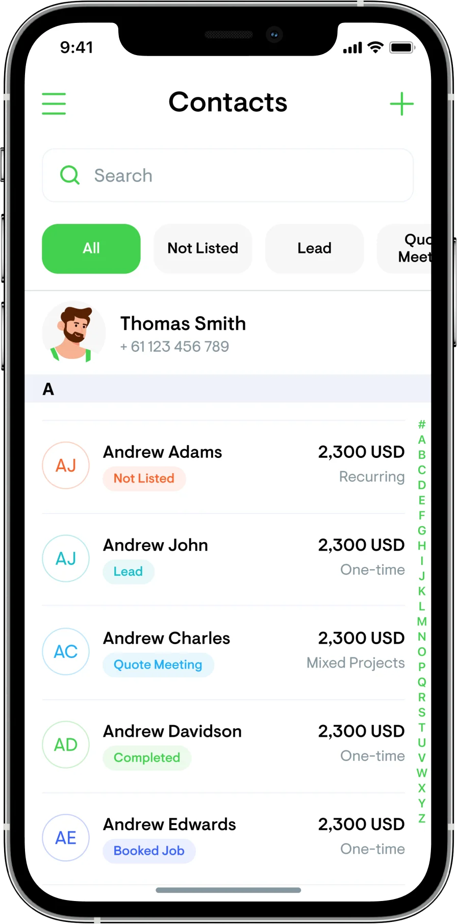 Client management screen for contracting businesses