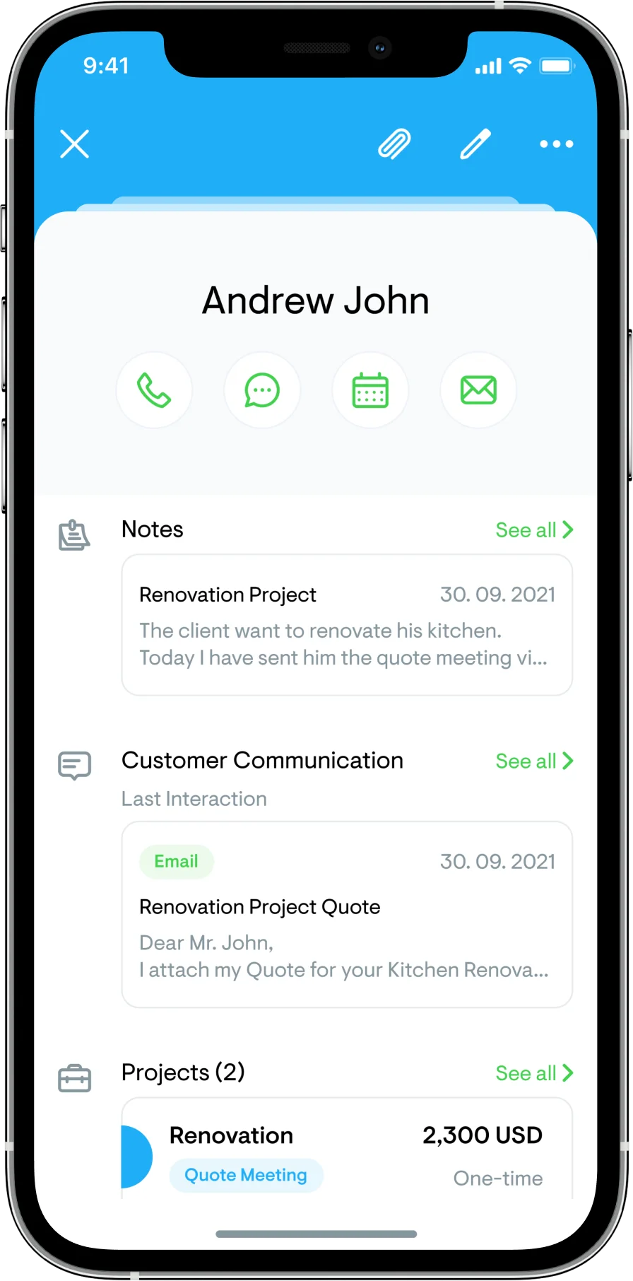 Client profile screen for home services businesses