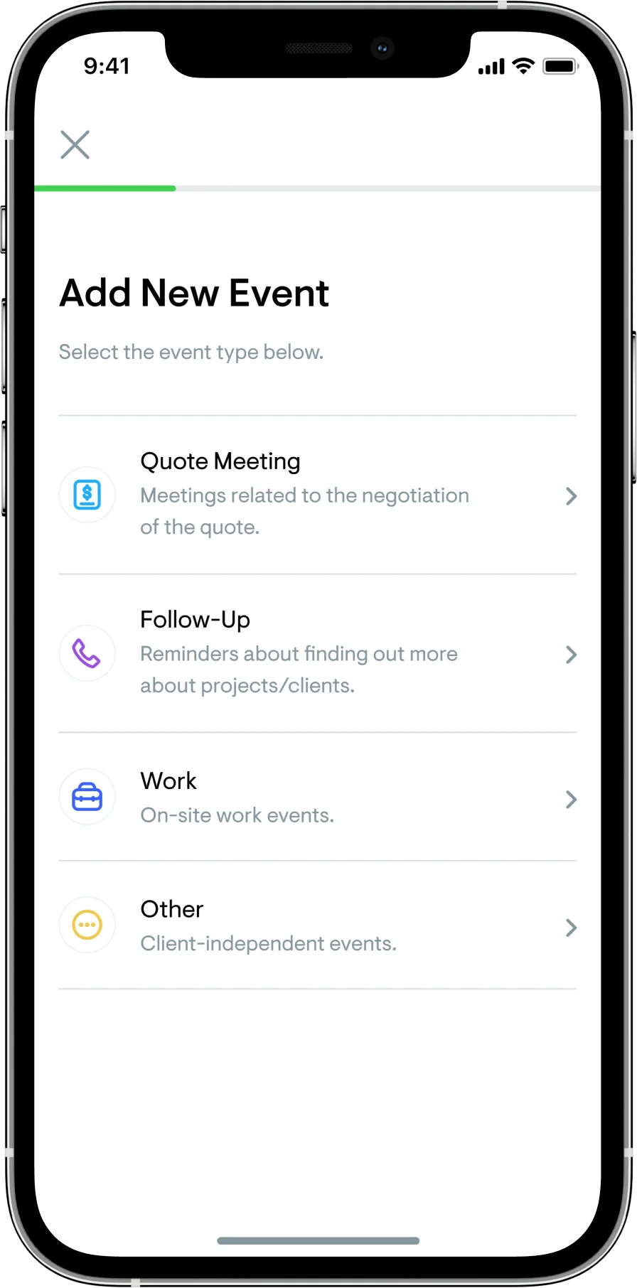 Adding a new calendar event by type