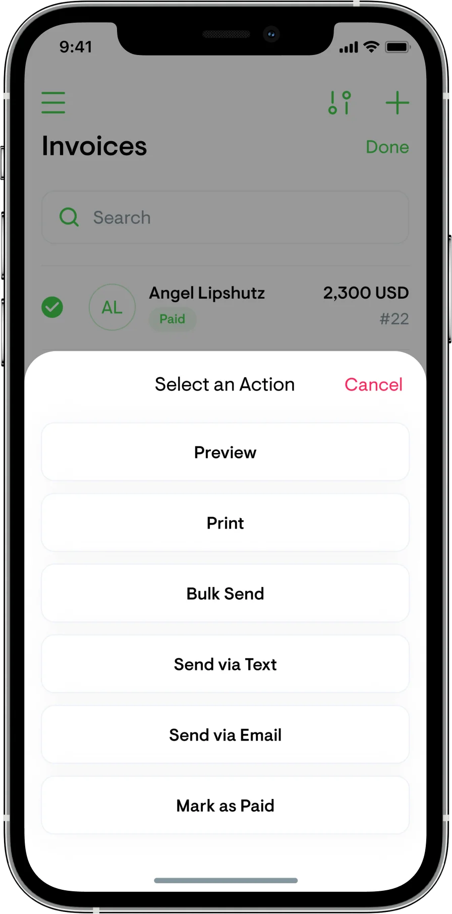 Invoice action sheet options