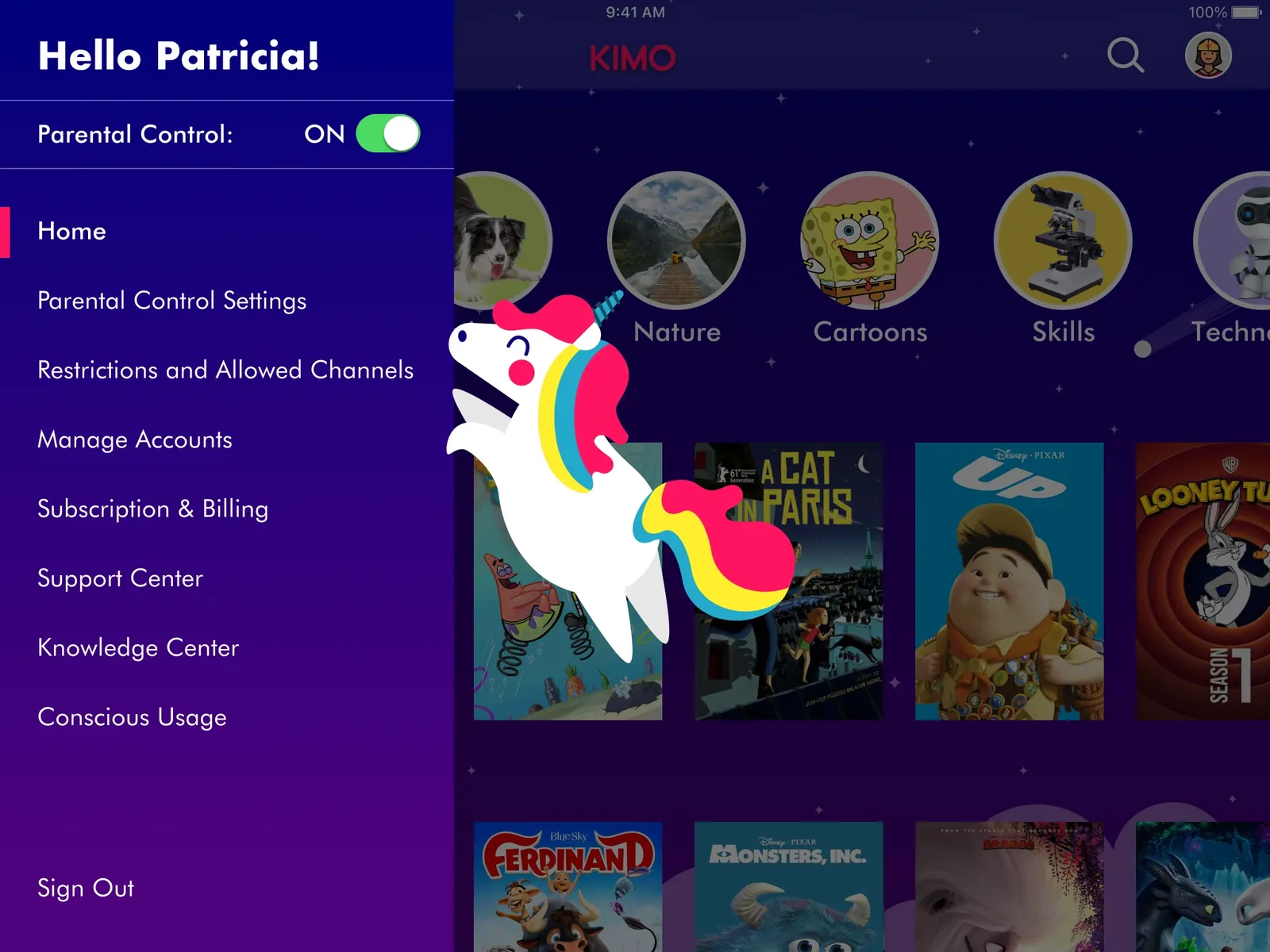 iPad menu design for the KIMO streaming app, built for limited motor skills