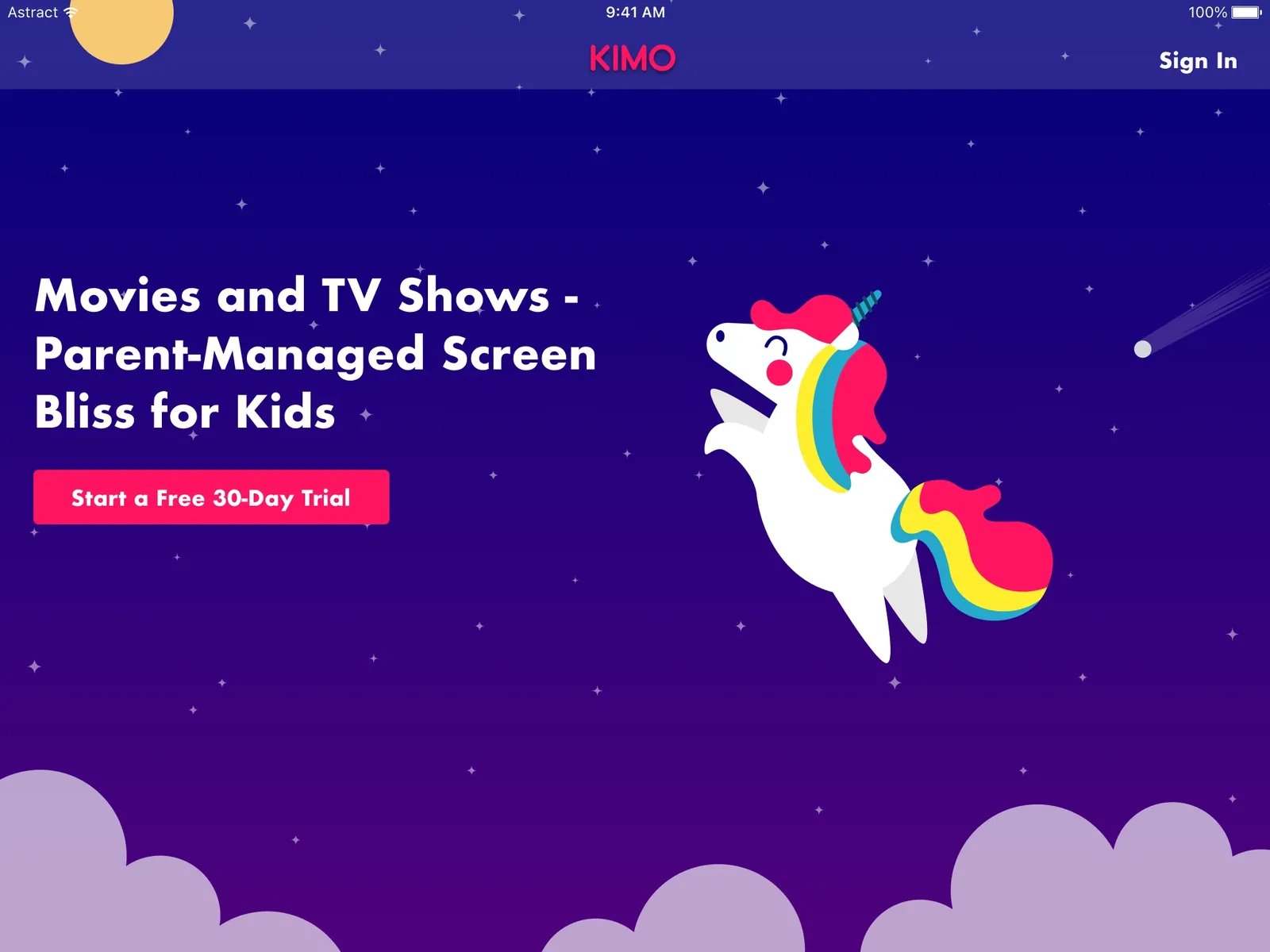 Main screen of an online movie streaming app for kids