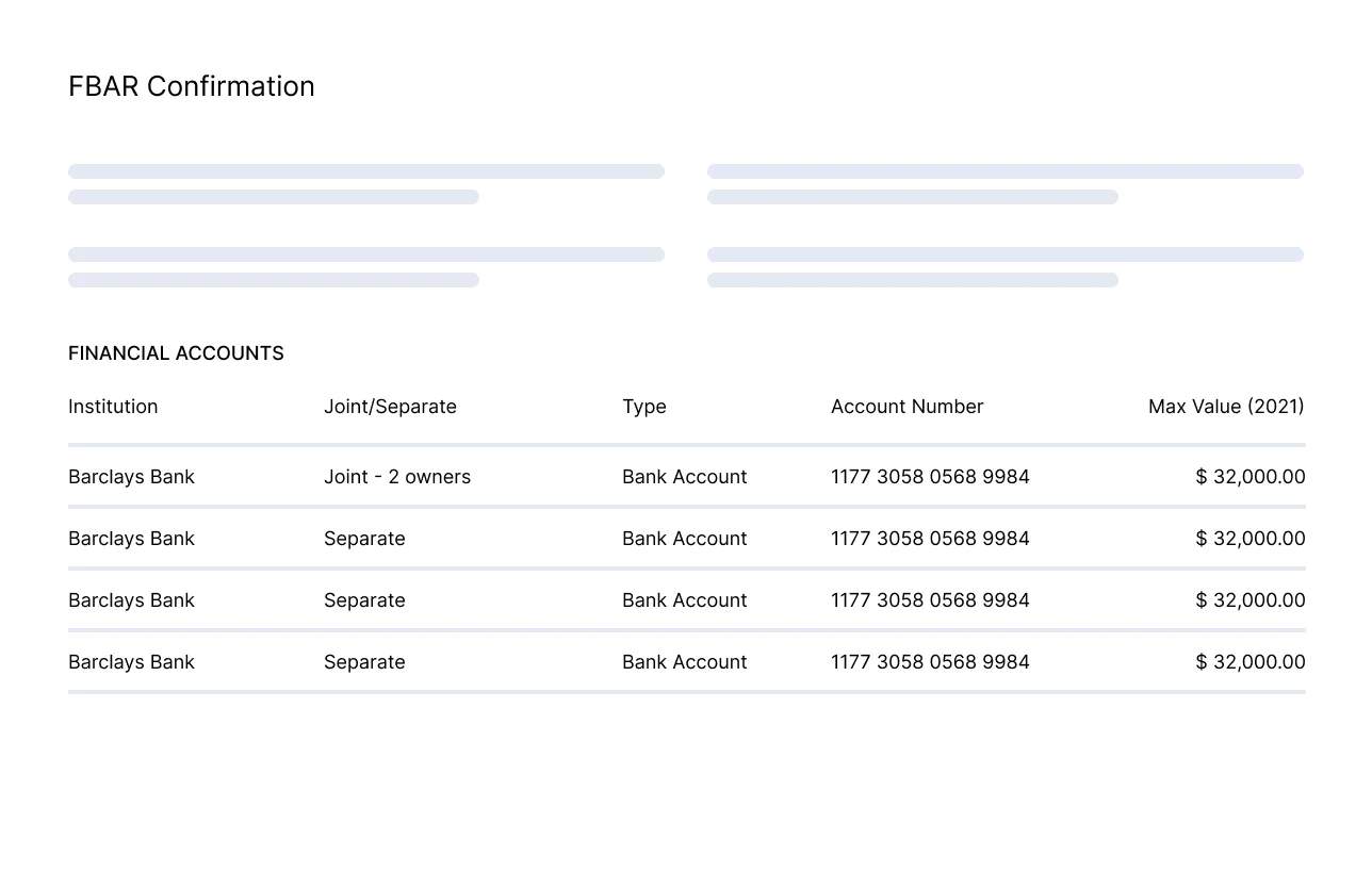 FBAR confirmation wireframe