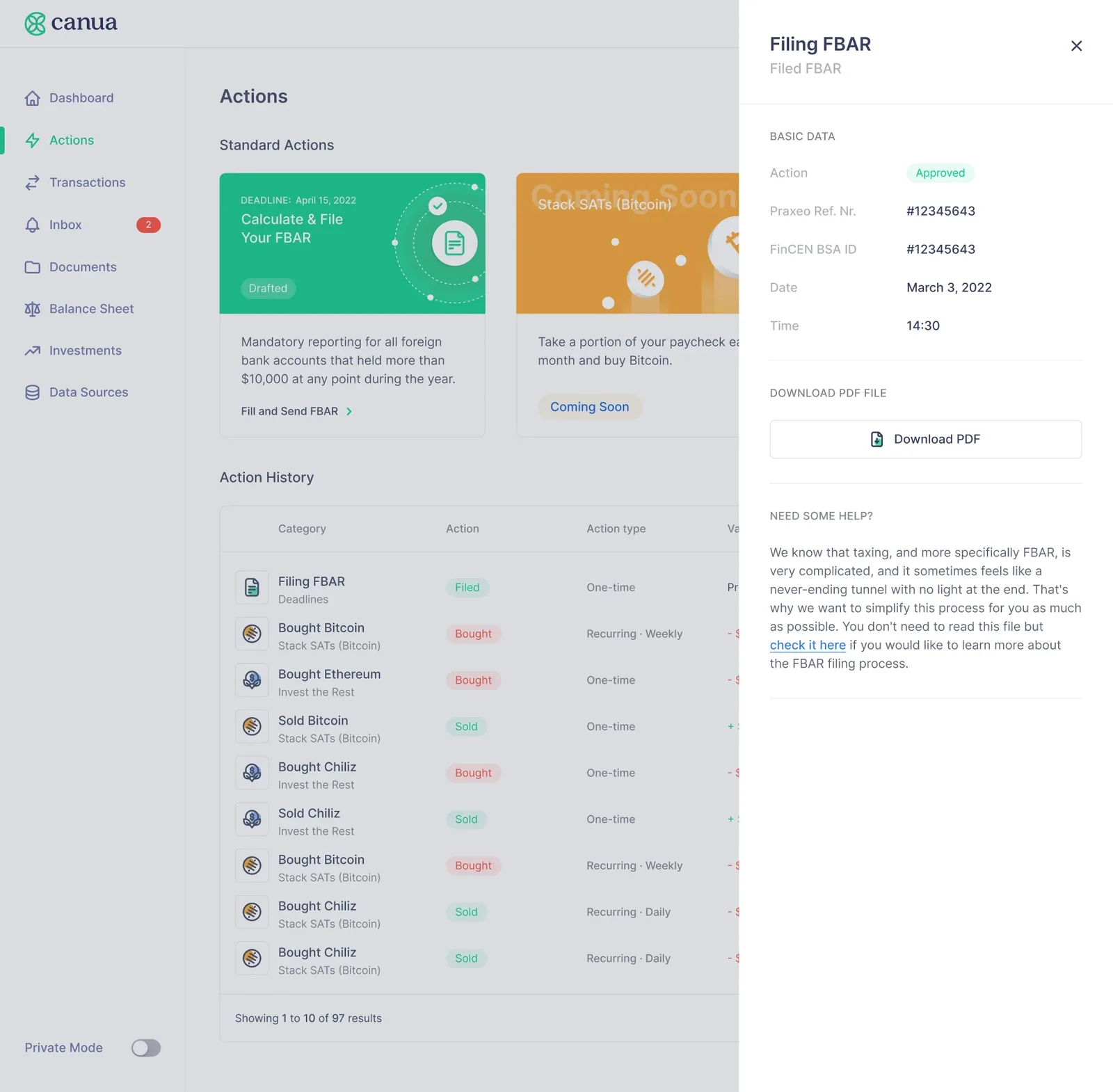 FBAR filing status inside the app